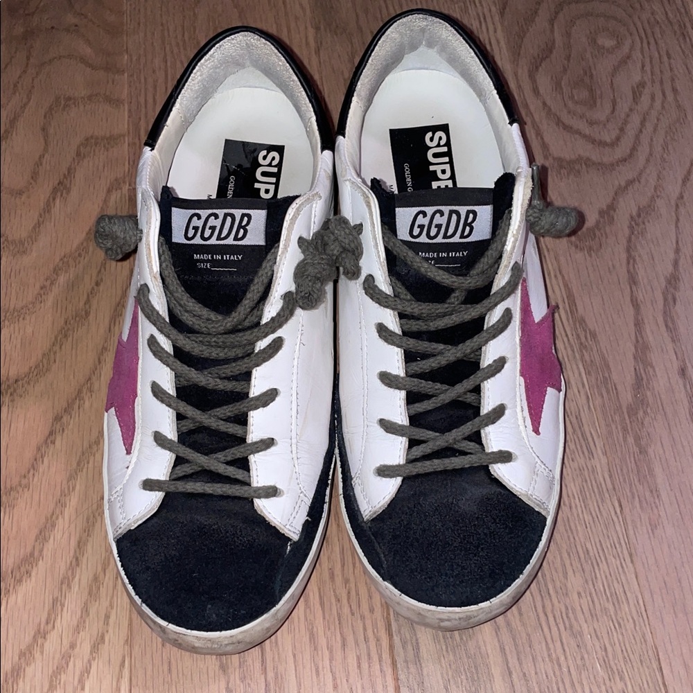 Golden Goose Black and White Sneakers with Pink Star